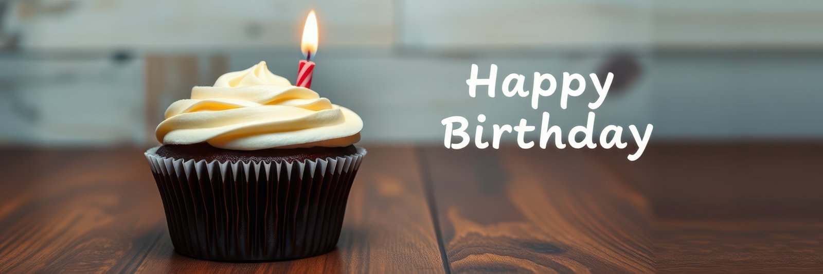 Delicious chocolate cupcake with birthday candle and greeting on wooden table